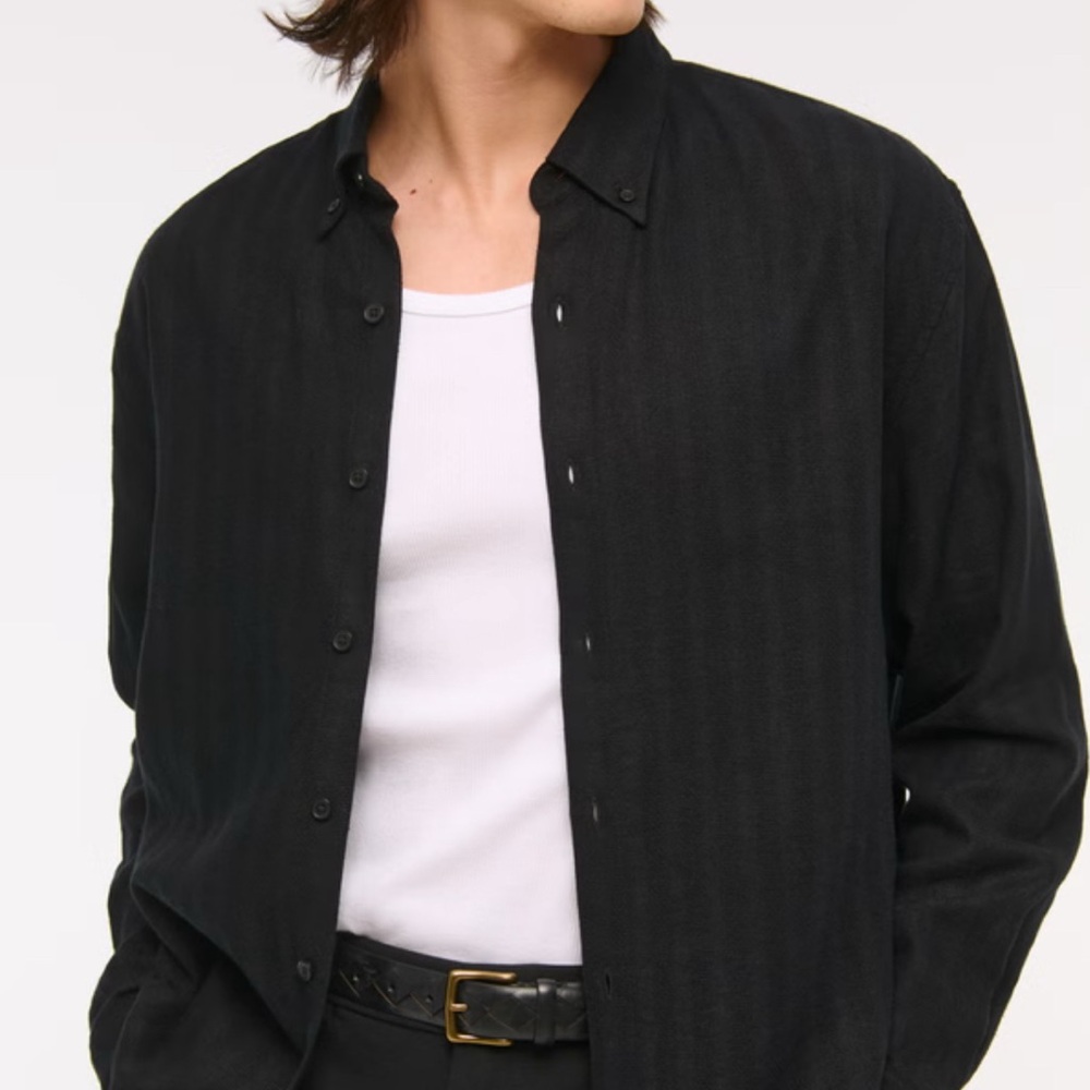 Abercrombie & Fitch Men's Linen Blend Black Coastal Grandpa Shirt Men’s M